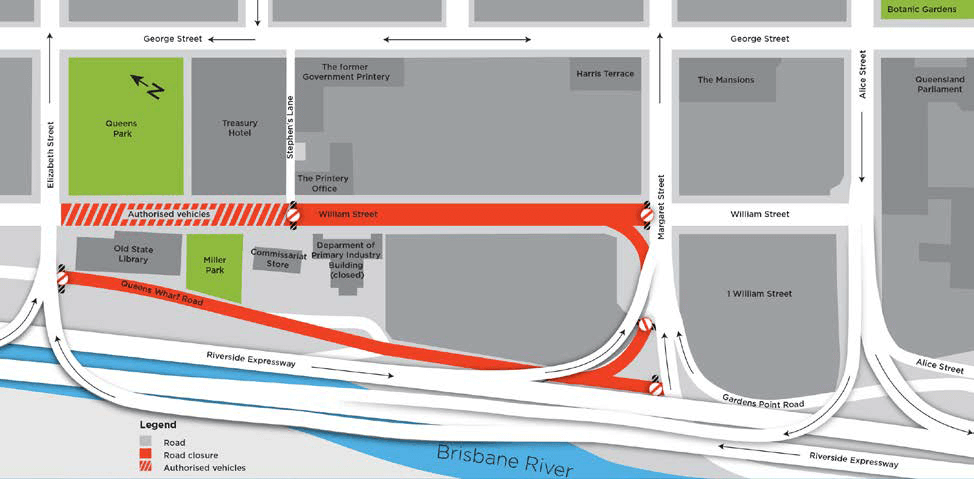 Map 1: William Street and Queens Wharf Road closures.