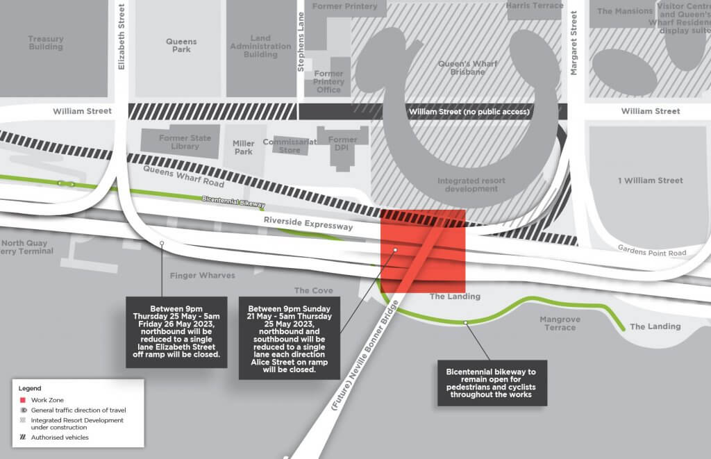 Queen's Wharf Brisbane Riverside Expressway temporarily lane reductions ...